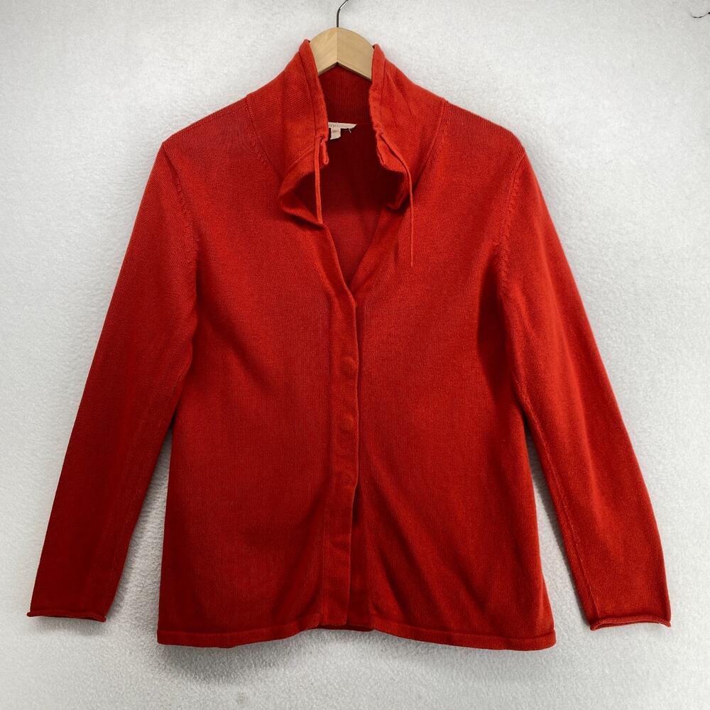 EILEEN FISHER Cardigan S Organic Cotton Snap Button Drawstring Neck Tie Hot Red
